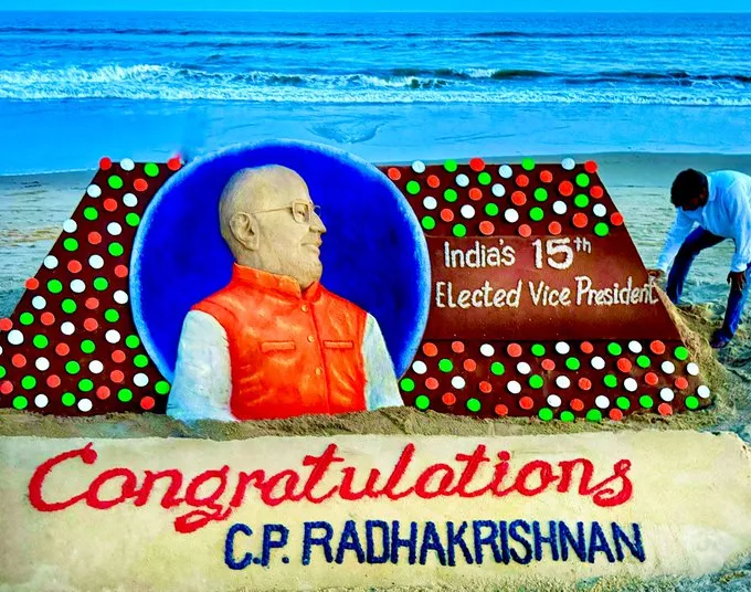 Odisha: Sudarsan Pattnaik congratulates CP Radhakrishnan with stunning sand art