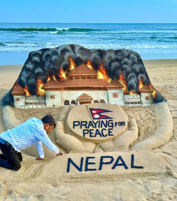 Odisha: Sudarsan Pattnaik prays for Nepal's peace amid crisis through sand art on Puri Beach