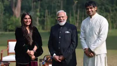 'A great interaction': PM Modi meets Neeraj Chopra and wife Himani Mor