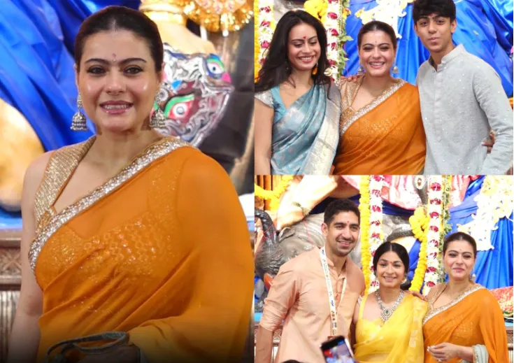 Kajol celebrates 80 years of Mukherjee family’s Durga Puja tradition with Yug, Nysa and Bollywood Stars in Mumbai