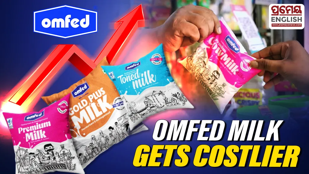 Omfed milk packets displayed after ₹2 per litre price hike in Odisha
