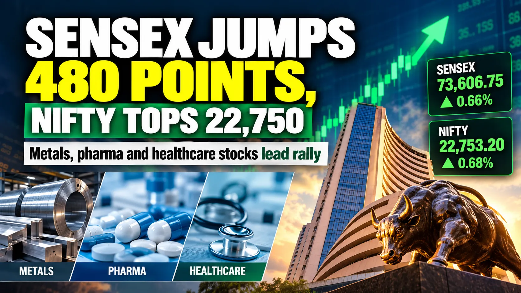 Sensex jumps 480 points, Nifty tops 22,750 as metals, pharma stocks rally