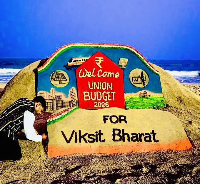 Sudarsan Pattnaik Welcomes Union Budget 2026 With Stunning Sand Art On Puri Beach