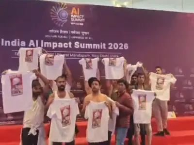 Shirtless Youth Congress workers stage an AI Impact Summit protest against PM Narendra Modi