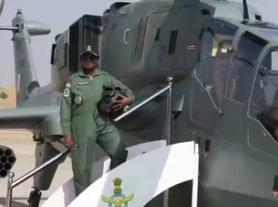 President Droupadi Murmu takes a sortie on Light Combat Helicopter Prachand in Jaisalmer