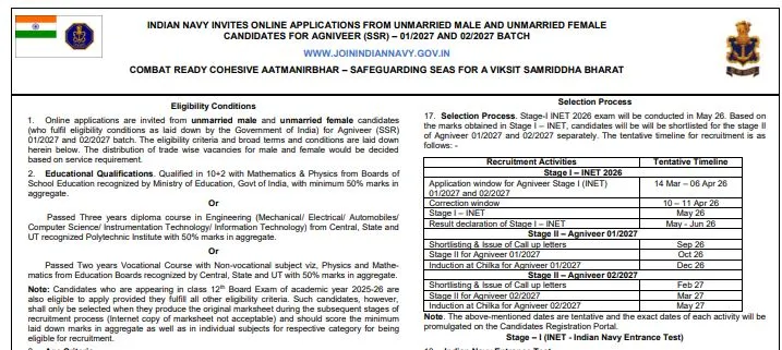 Indian Navy Agniveer Recruitment 2026 application window opens for SSR and MR