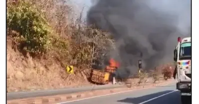 Truck engulfed in flames at Kanjipani Ghat; Driver jumps out to safety