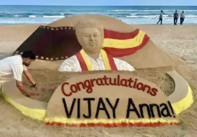 Sand Artist Sudarsan Pattnaik honors TVK Chief Vijay with tribute at Puri Beach