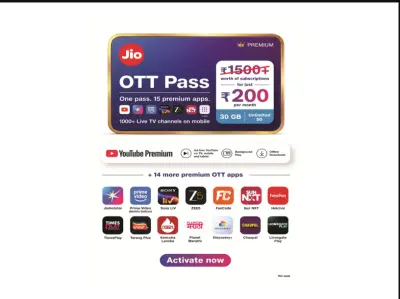 Jio introduces a new Rs 200 OTT Pass --15 premium OTTs, 1,000+ live TV channels, 30 GB data and unlimited 5G in a single 28-day pack
