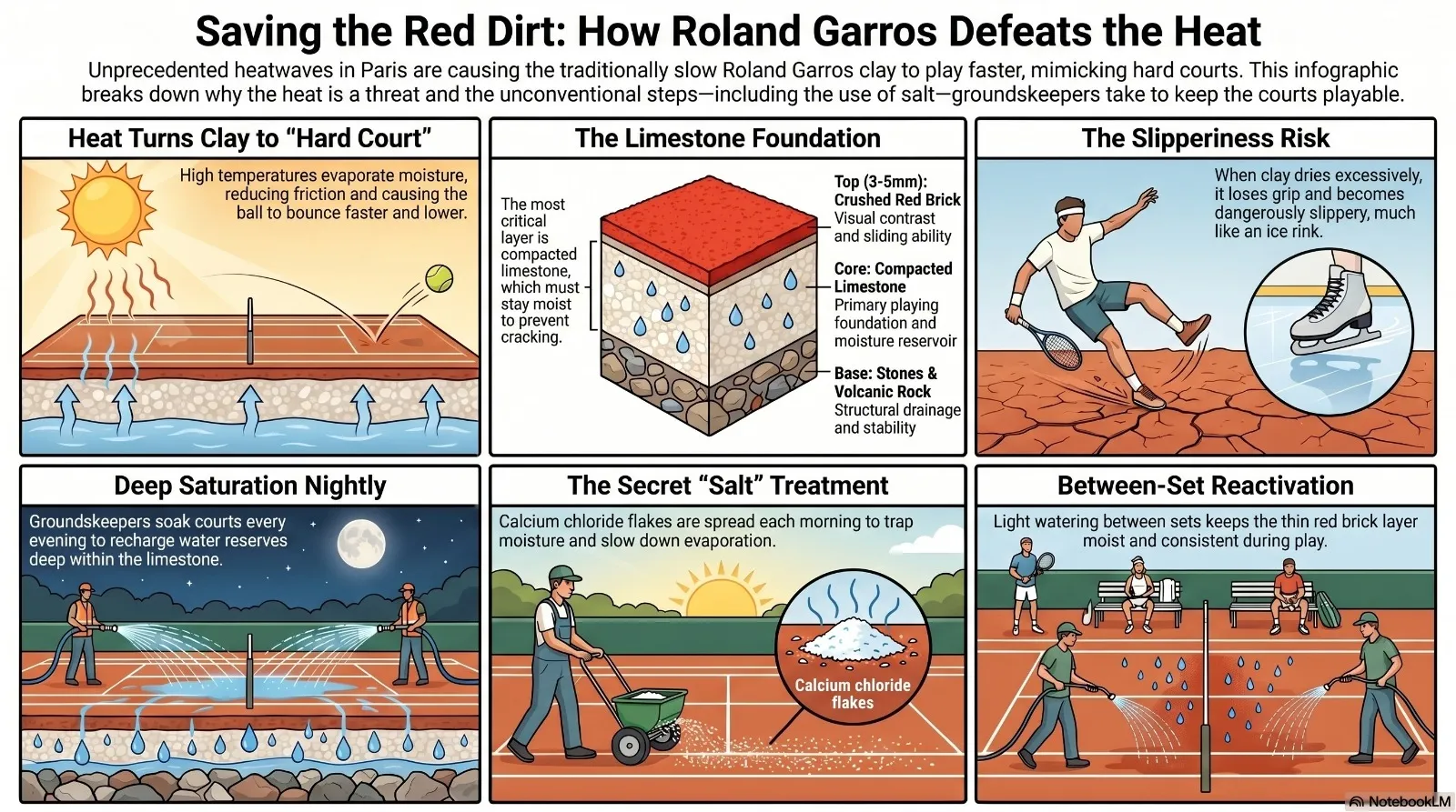 French Open groundskeepers deploy salt compound to protect dry courts from intense Paris heatwave