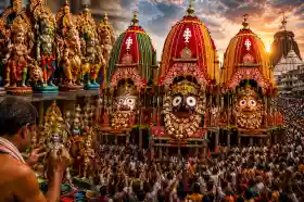 Why three Rath Yatra chariots symbolically carry presence of 33 Crore deities
