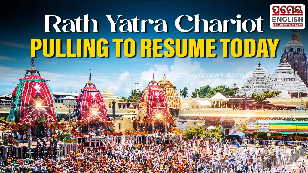 The grand chariot procession of Lord Jagannath, Lord Balabhadra, and Goddess Subhadra resumed in Puri on Friday as lakhs of devotees gathered to witness the second day of the annual Rath Yatra.