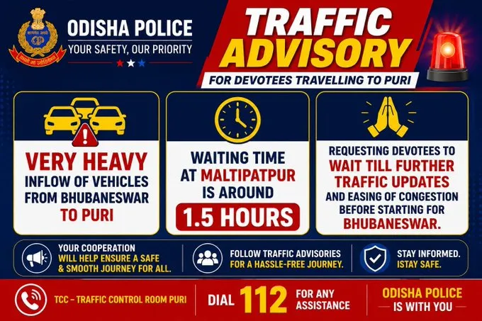 Puri police issues traffic advisory for Puri amid heavy vehicle rush

