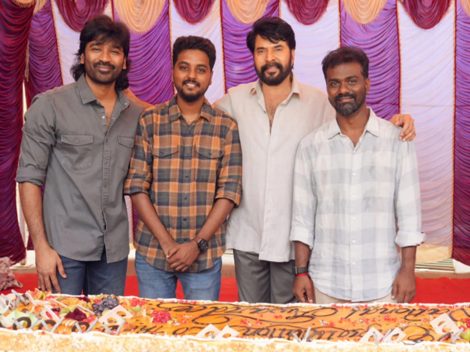 Mammootty, Dhanush, Rajkumar Perisamy, R Kalaivanan celebrate National Award win on sets of 'OM: Chapter 1'