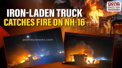 Iron-Laden truck catches fire on NH-16 in Odisha’s Bhadrak, driver escapes unhurt