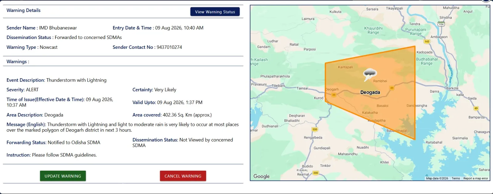 Thunderstorm, lightning warning issued for Deogarh district