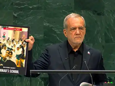 Iran President defends Nation at UNGA showing Minab strike photos to counter US charges