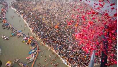 Maha Kumbh:  Flower petals showered on devotees during Amrit snan