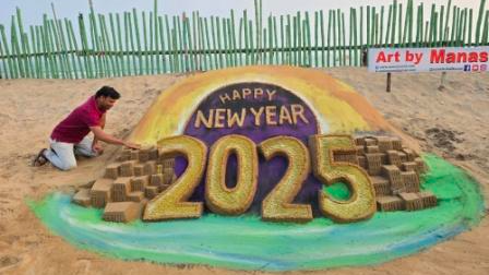 Manas Sahoo rings in 2025 with stunning sand art at Puri beach