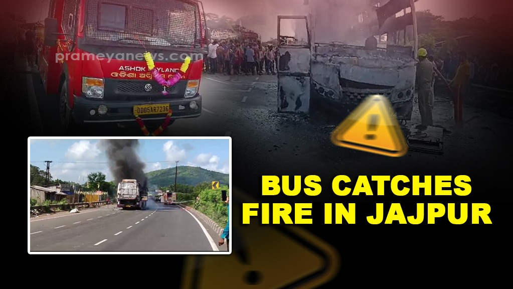 Bus catches fire after hitting bike in Jajpur; One dead